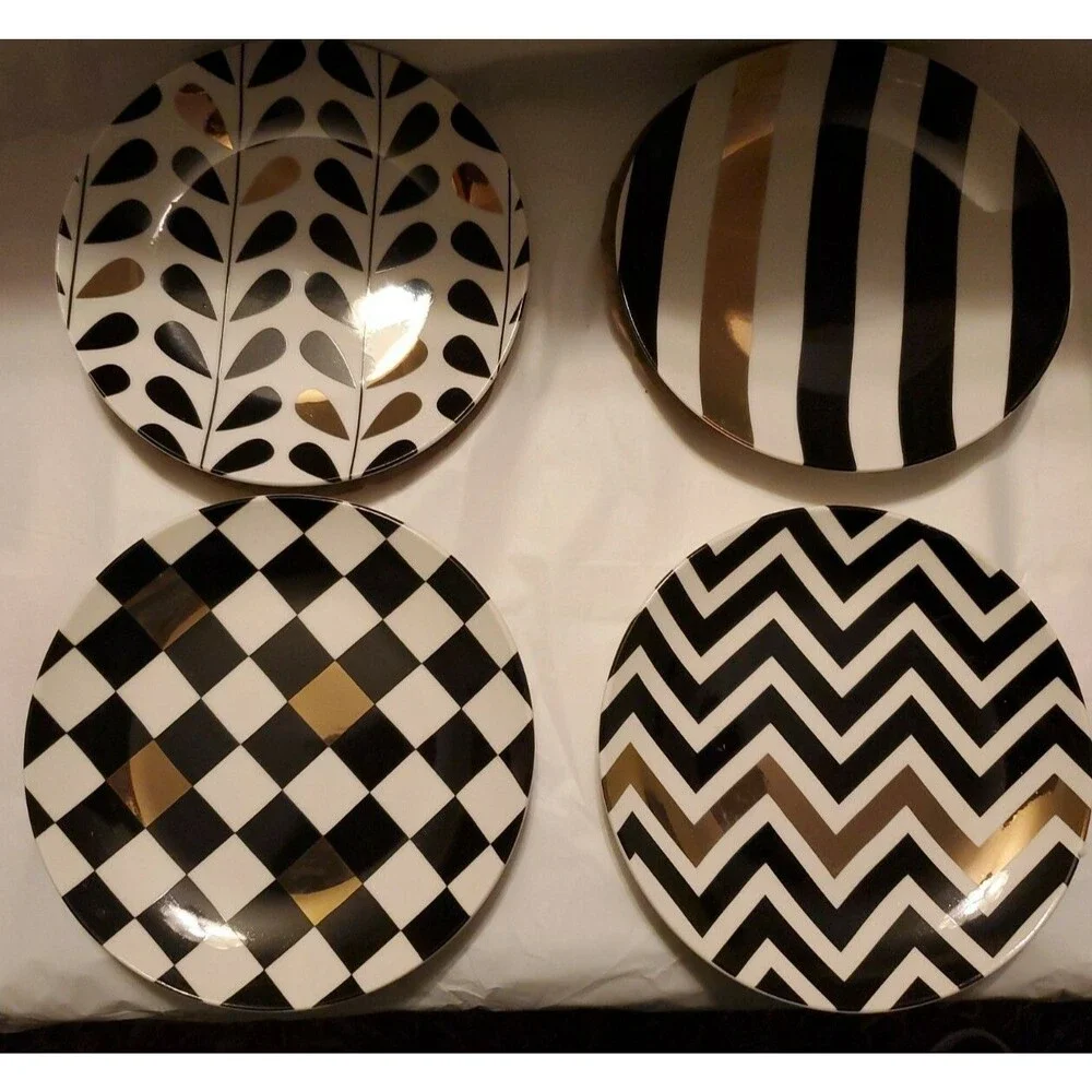 NIB Macy’s Designer Set of 4 Dessert Plates 14K Gold Black White Geometric 6”